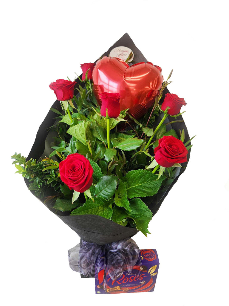 Half dozen Red Rose Vox with balloon and chocolates